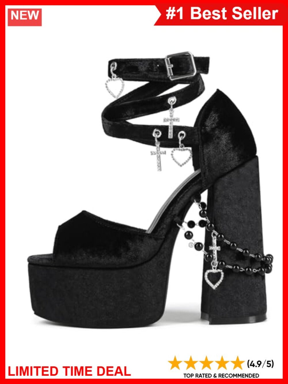 Velvet Platform Chunky Heels Pearl Chain Ankle Strap Open Toe Gothic